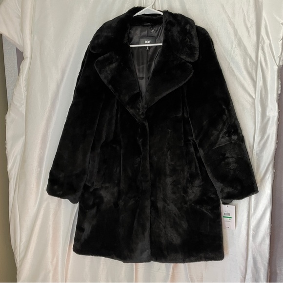 NWT DKNY Black Teddy Jacket Plush Mid-Length Faux Fur Coat Midi Size Large - Picture 12 of 12